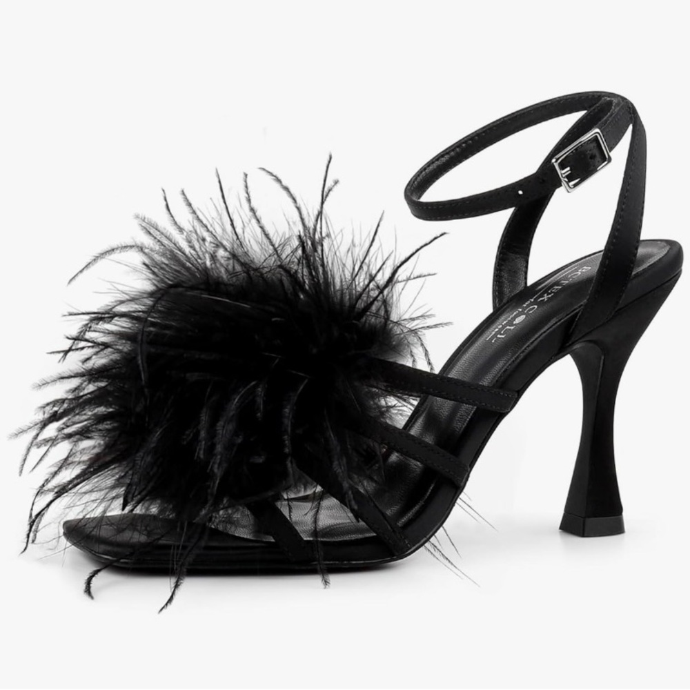 Size 9.5 Fluffy Feather Square Open Toe Ankle Strap Sexy Heel - Picture 4 of 8